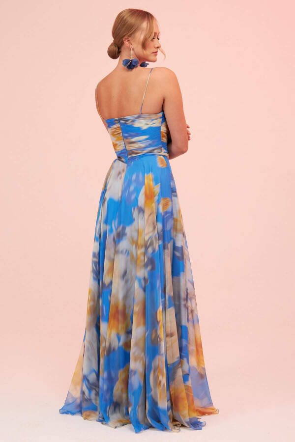 Blue Strapless Ruffle Embroidered Evening Dress - 5