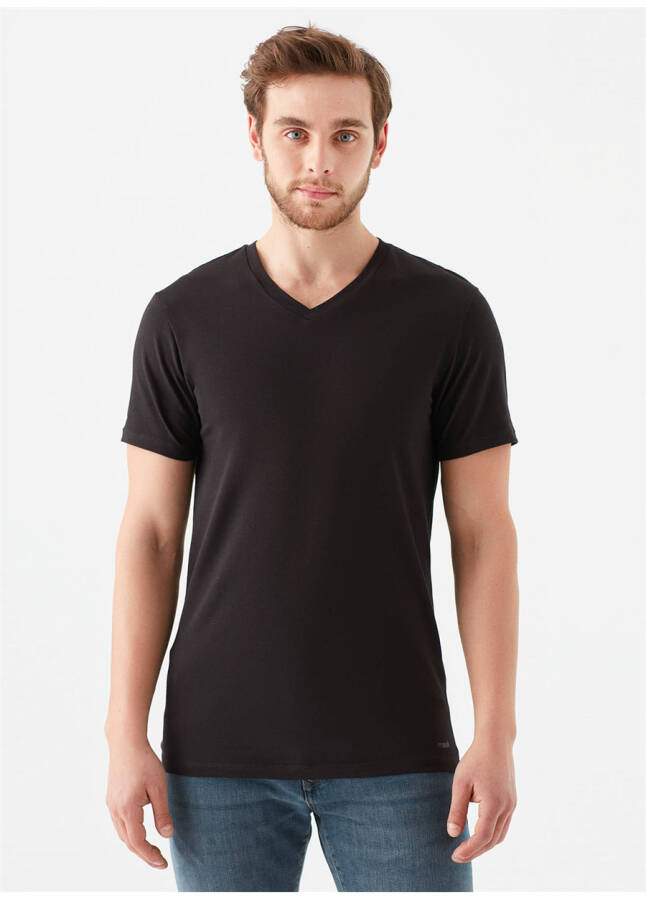 Blue Stretch V-Neck Slim Fit Plain Black Men's T-Shirt - 5