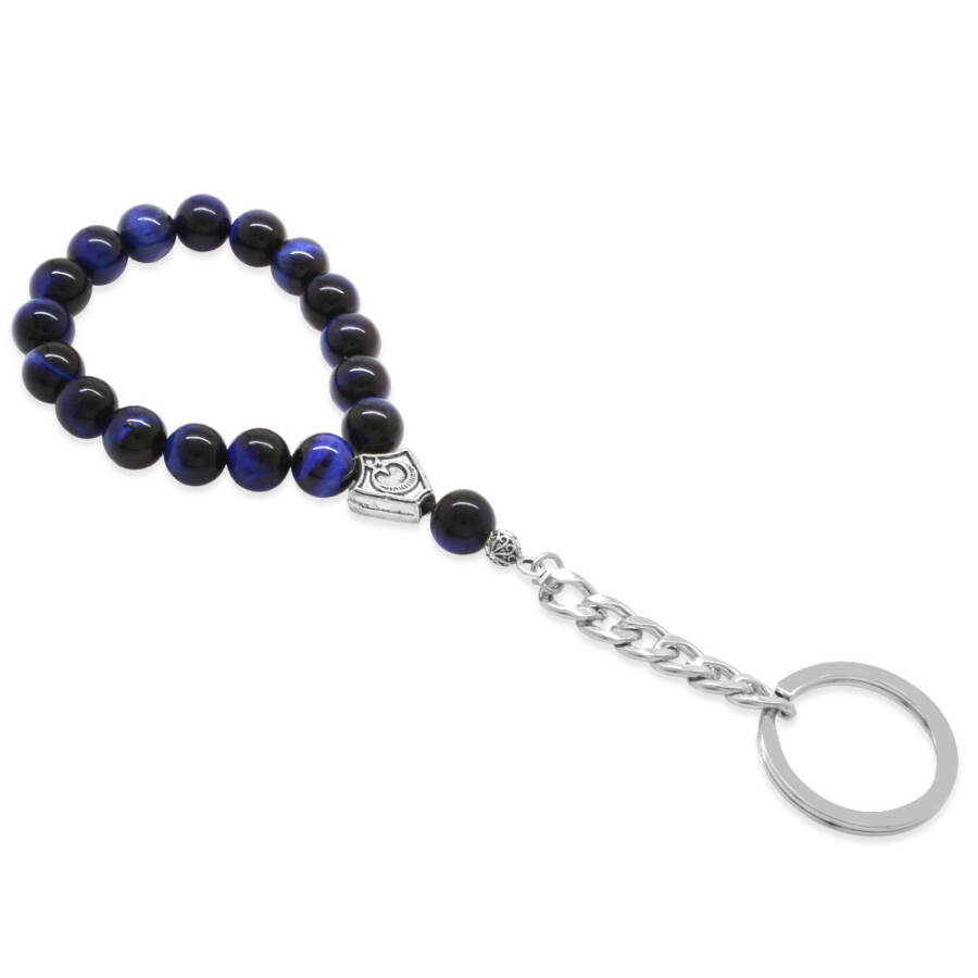 Blue Tiger's Eye Natural Stone-Steel Combination Tasbih Keychain - 2