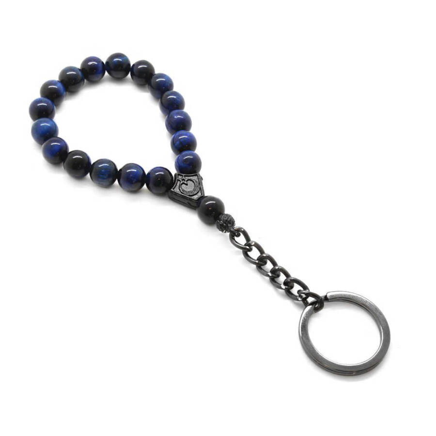 Blue Tiger's Eye Natural Stone-Steel Combination Tasbih Keychain - 4