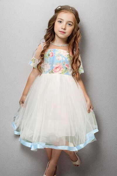 Blue Tulle Dress with Ribbon Bow and Ribbon Detail, Rose Pattern for Girls - 1