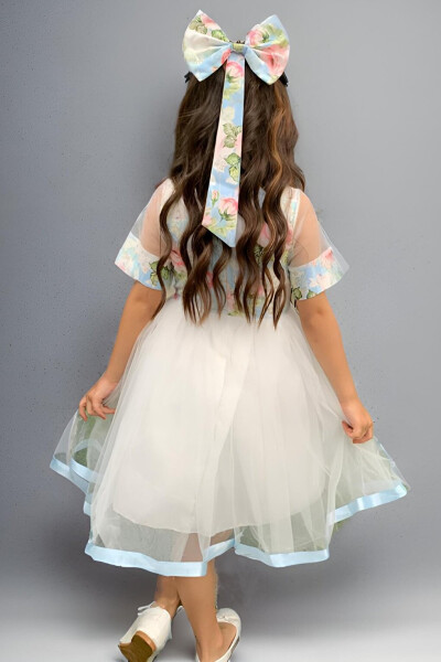 Blue Tulle Dress with Ribbon Bow and Ribbon Detail, Rose Pattern for Girls - 2