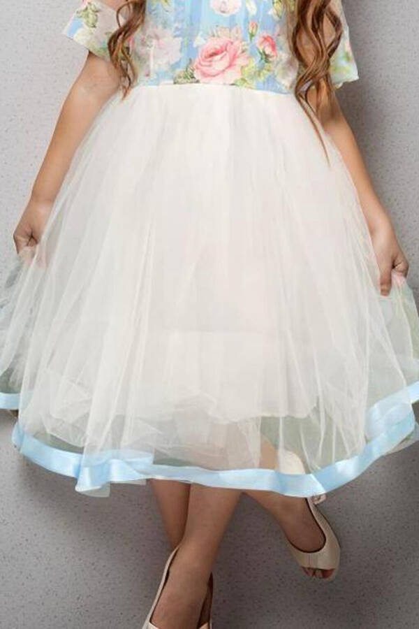 Blue Tulle Dress with Ribbon Bow and Ribbon Detail, Rose Pattern for Girls - 3