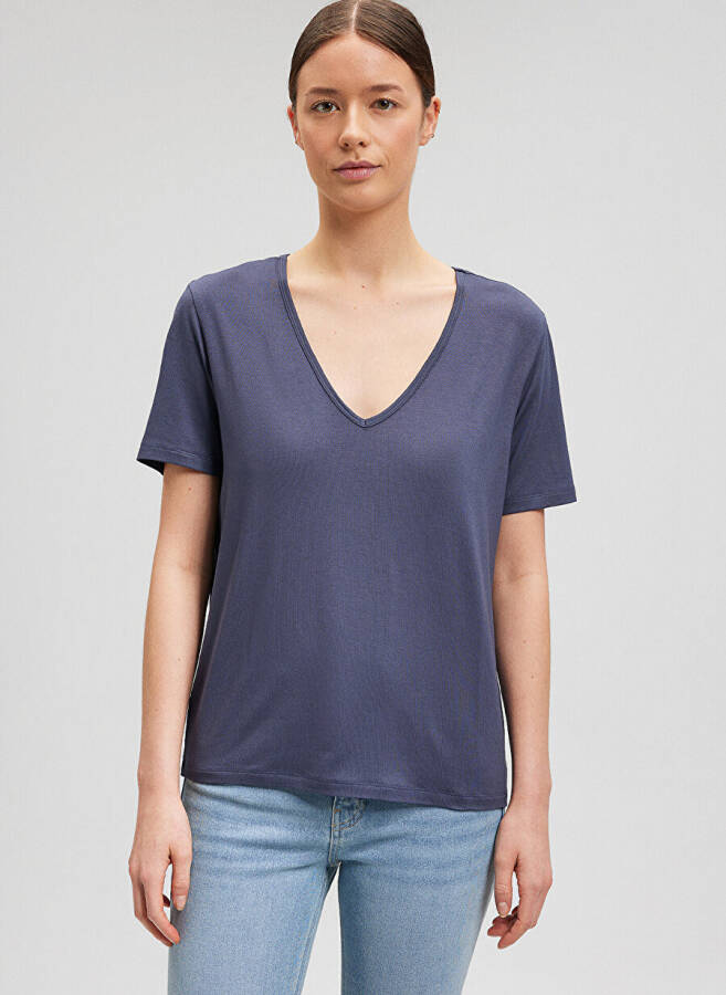 Blue V-Neck Grey Women's T-Shirt M1612381-87111-V NECK BASIC - 8