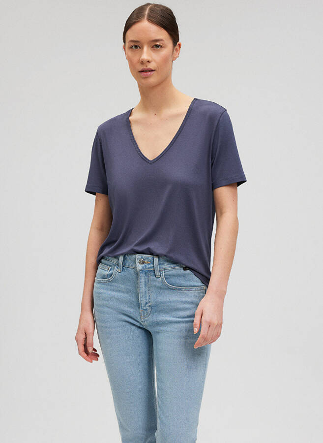 Blue V-Neck Grey Women's T-Shirt M1612381-87111-V NECK BASIC - 2