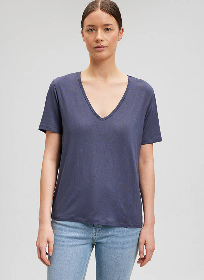 Blue V-Neck Grey Women's T-Shirt M1612381-87111-V NECK BASIC - 3