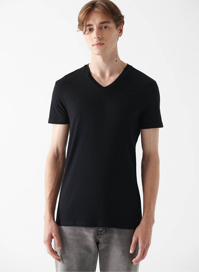 Blue V-Neck Plain Black Men's T-Shirt - 3