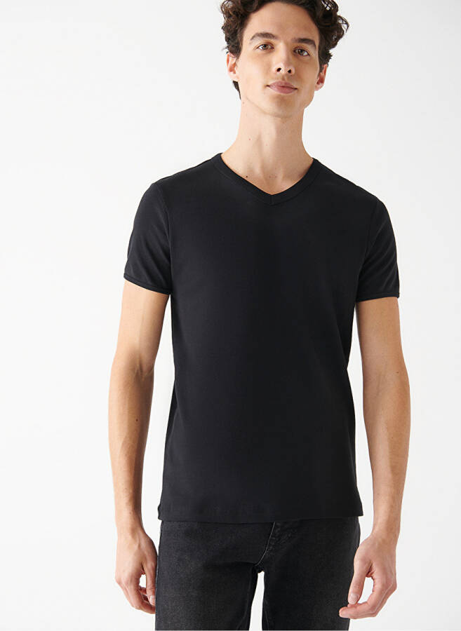 Blue V Neck Plain Black Men's T-Shirt - 2