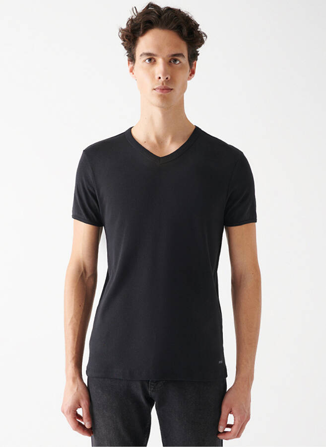 Blue V Neck Plain Black Men's T-Shirt - 3