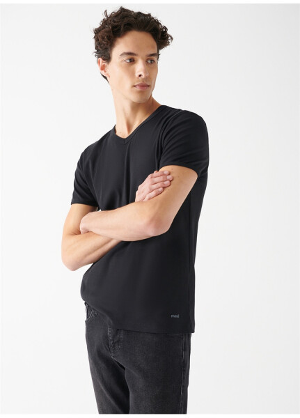 Blue V Neck Plain Black Men's T-Shirt - 8