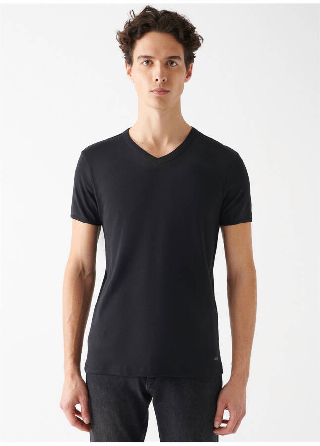 Blue V Neck Plain Black Men's T-Shirt - 10