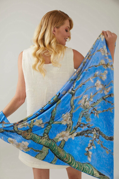 Blue Van Gogh Almond Blossoms Square Scarf - 3