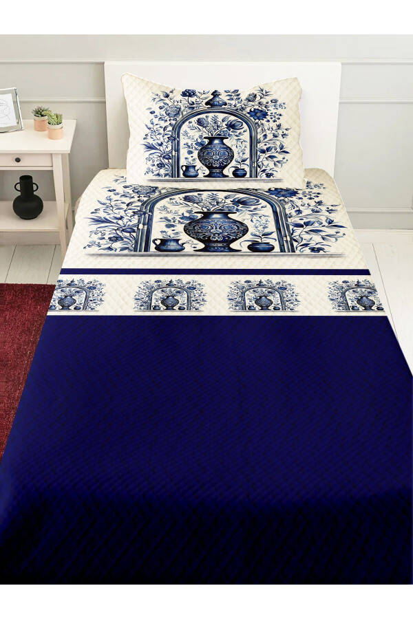 Blue White Vase Vintage Pattern Printed Single and Child Quilt Set - 4