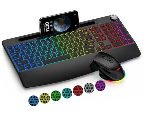 BlueFinger Wireless Keyboard and Mouse Combo Backlit, 2.4G Rechargeable Ergonomic Gaming Keyboard with Wrist Rest, Phone Holder, Volume Knob, Silent Light Up Keyboard with Mouse for Computer Laptop - 1