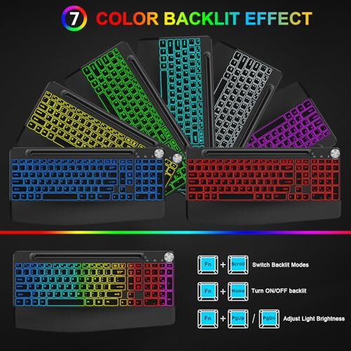 BlueFinger Wireless Keyboard and Mouse Combo Backlit, 2.4G Rechargeable Ergonomic Gaming Keyboard with Wrist Rest, Phone Holder, Volume Knob, Silent Light Up Keyboard with Mouse for Computer Laptop - 2