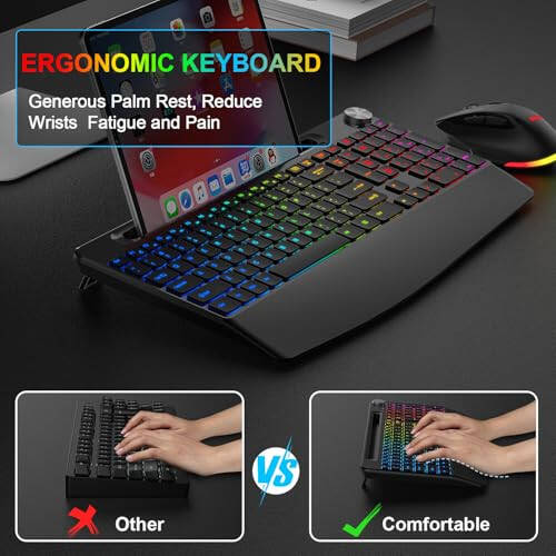 BlueFinger Wireless Keyboard and Mouse Combo Backlit, 2.4G Rechargeable Ergonomic Gaming Keyboard with Wrist Rest, Phone Holder, Volume Knob, Silent Light Up Keyboard with Mouse for Computer Laptop - 3