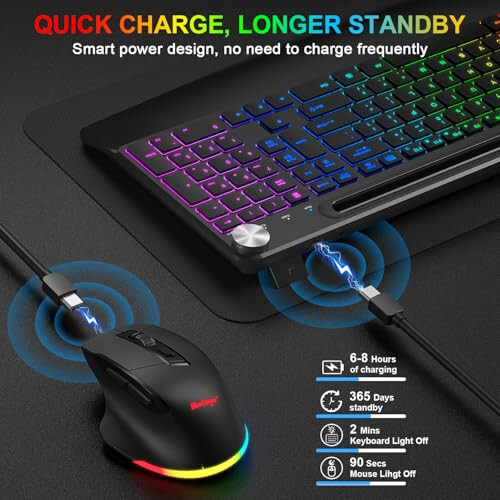 BlueFinger Wireless Keyboard and Mouse Combo Backlit, 2.4G Rechargeable Ergonomic Gaming Keyboard with Wrist Rest, Phone Holder, Volume Knob, Silent Light Up Keyboard with Mouse for Computer Laptop - 4