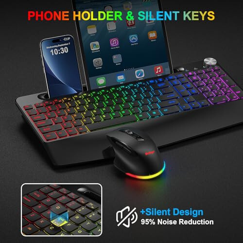 BlueFinger Wireless Keyboard and Mouse Combo Backlit, 2.4G Rechargeable Ergonomic Gaming Keyboard with Wrist Rest, Phone Holder, Volume Knob, Silent Light Up Keyboard with Mouse for Computer Laptop - 5