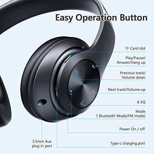 Bluetooth Headphones Over Ear, 60 Hours Playtime Foldable Headphones Wireless Bluetooth Hi-Fi Stereo Deep Bass with 6 EQ Modes, Adjustable Lightweight Headset with Microphone, FM, SD/TF for Adults - 5