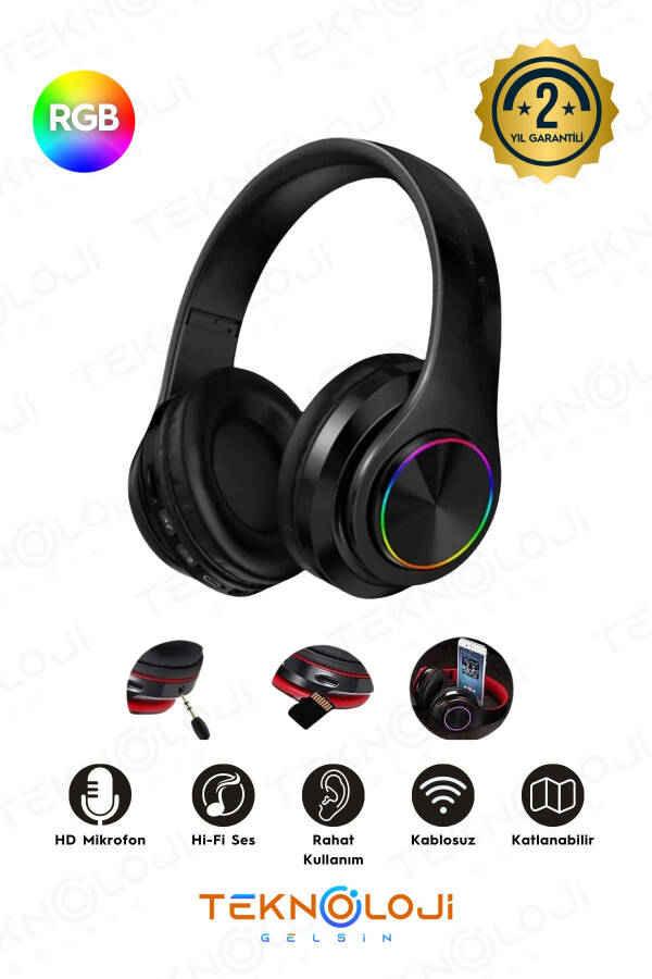 Bluetooth Wireless Over-Ear Headphones with Lights, Foldable, Microphone, Fm-aux-sd Black - 1