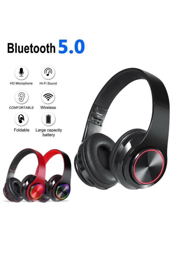 Bluetooth Wireless Over-Ear Headphones with Lights, Foldable, Microphone, Fm-aux-sd Black - 13