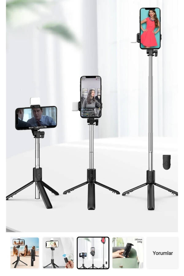 Bluetoothli LED yorug'likli selfie tayoqchasi, masofadan boshqarish pultli gorizontal selfi tripod. - 4