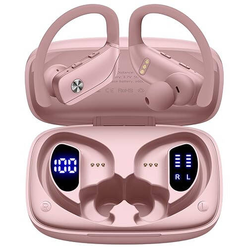 bmani Wireless Earbuds Bluetooth Headphones 48hrs Play Back Sport Earphones with LED Display Over-Ear Buds with Earhooks Built-in Mic Headset for Workout Pink - 1