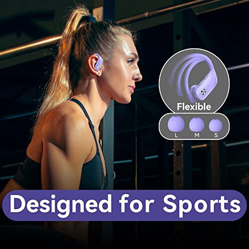 bmani Wireless Earbuds Bluetooth Headphones 48hrs Play Back Sport Earphones with LED Display Over-Ear Buds with Earhooks Built-in Mic Headset for Workout Purple - 6