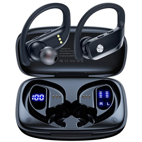 bmanl Wireless Earbuds Bluetooth Headphones 48hrs Play Back Sport Earphones with LED Display Over-Ear Buds with Earhooks Built-in Mic Headset for Workout Black - 1