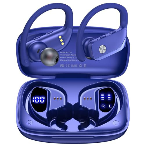 bmanl Wireless Earbuds Bluetooth Headphones 48hrs Play Back Sport Earphones with LED Display Over-Ear Buds with Earhooks Built-in Mic Headset for Workout Blue - 1