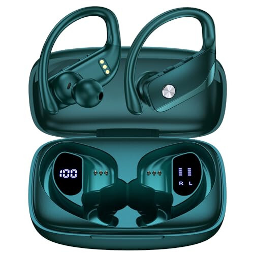 bmanl Wireless Earbuds Bluetooth Headphones 48hrs Play Back Sport Earphones with LED Display Over-Ear Buds with Earhooks Built-in Mic Headset for Workout Green - 1