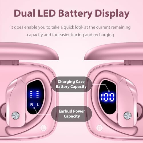 bmanl Wireless Earbuds Bluetooth Headphones 48hrs Play Back Sport Earphones with LED Display Over-Ear Buds with Earhooks Built-in Mic Headset for Workout Pink - 2