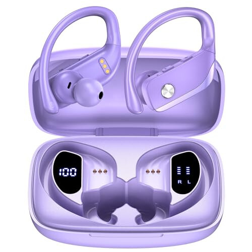 bmanl Wireless Earbuds Bluetooth Headphones 48hrs Play Back Sport Earphones with LED Display Over-Ear Buds with Earhooks Built-in Mic Headset for Workout Purple - 1