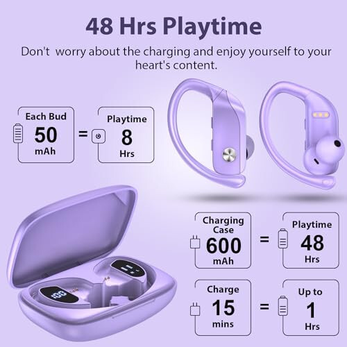 bmanl Wireless Earbuds Bluetooth Headphones 48hrs Play Back Sport Earphones with LED Display Over-Ear Buds with Earhooks Built-in Mic Headset for Workout Purple - 3