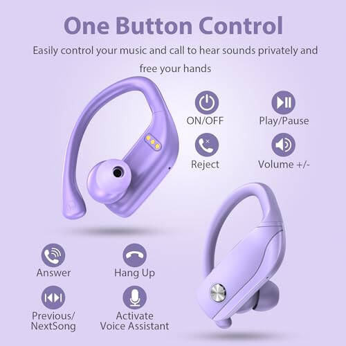 bmanl Wireless Earbuds Bluetooth Headphones 48hrs Play Back Sport Earphones with LED Display Over-Ear Buds with Earhooks Built-in Mic Headset for Workout Purple - 4