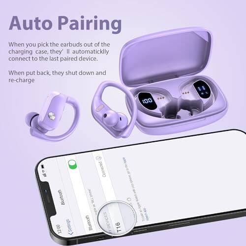 bmanl Wireless Earbuds Bluetooth Headphones 48hrs Play Back Sport Earphones with LED Display Over-Ear Buds with Earhooks Built-in Mic Headset for Workout Purple - 5