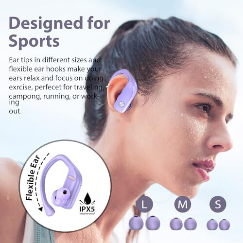 bmanl Wireless Earbuds Bluetooth Headphones 48hrs Play Back Sport Earphones with LED Display Over-Ear Buds with Earhooks Built-in Mic Headset for Workout Purple - 6