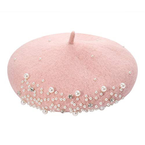 Boderier Womens Beret Hat Pearl Rhinestone Wool Winter Warm Beanies Hat French Artist Hats - 1