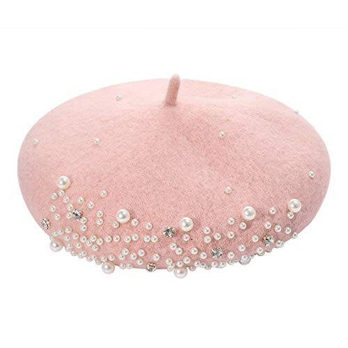 Boderier Womens Beret Hat Pearl Rhinestone Wool Winter Warm Beanies Hat French Artist Hats - 1