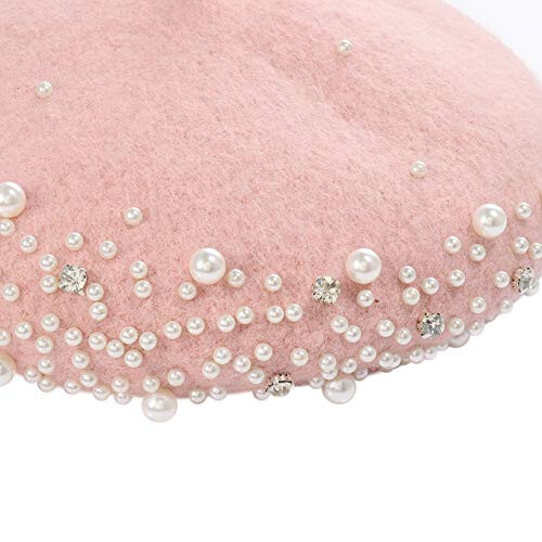 Boderier Womens Beret Hat Pearl Rhinestone Wool Winter Warm Beanies Hat French Artist Hats - 4