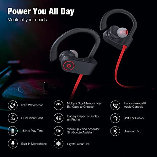 Boean Bluetooth Headphones Wireless Earbuds Bluetooth 5.3 Running Headphones IPX7 Waterproof Earphones with 16 Hrs Playtime Stereo Sound Isolation Headsets for Workout Gym - 2