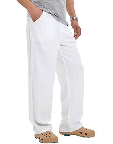 Bonnorth Men's Linen Loose Drawstring Elastic Waist Wide Leg Solid Casual Pants - 1