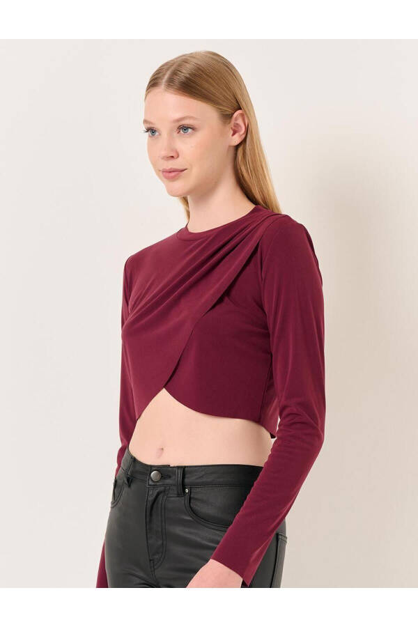 Bordo Bisiklet Yaka Uzun Kollu Crop Bluz - 11