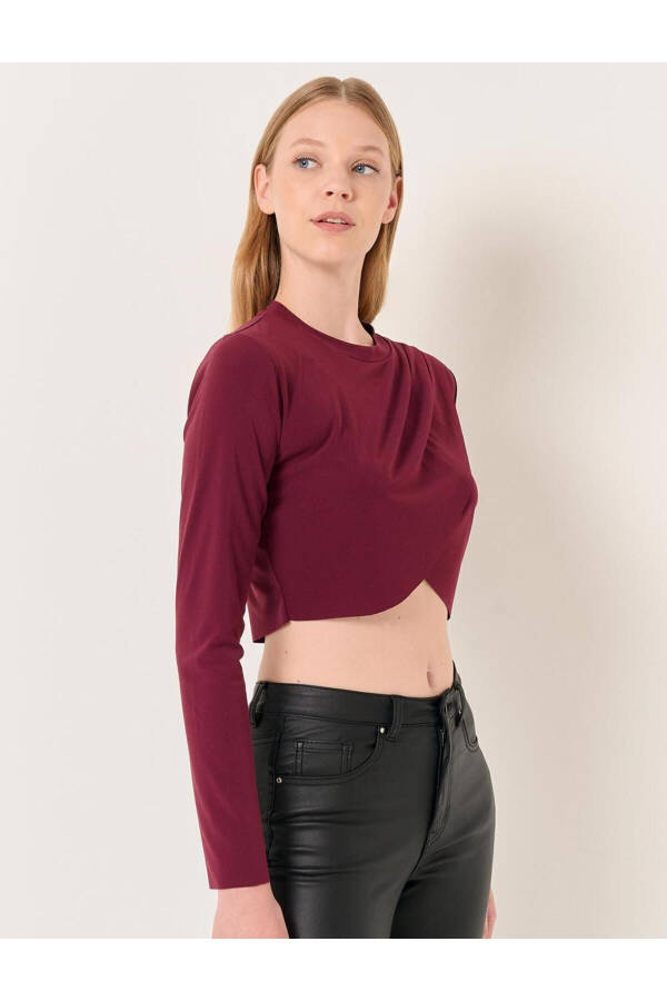 Bordo Bisiklet Yaka Uzun Kollu Crop Bluz - 14