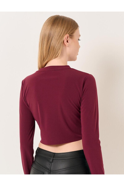 Bordo Bisiklet Yaka Uzun Kollu Crop Bluz - 15