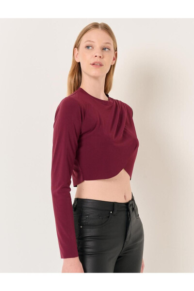 Bordo Bisiklet Yaka Uzun Kollu Crop Bluz - 9