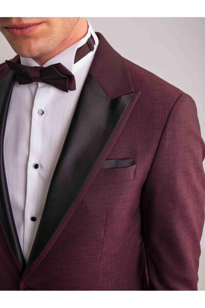 Bordo Erkek Modern Fit Çizgili Mono Yaka Smokin Takım - 61321 - 2