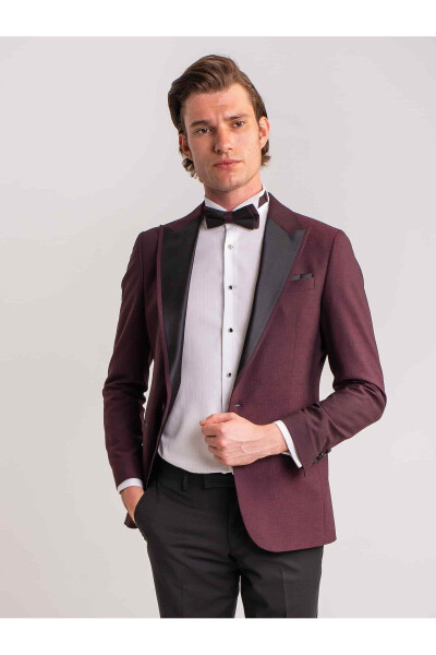 Bordo Erkek Modern Fit Çizgili Mono Yaka Smokin Takım - 61321 - 5