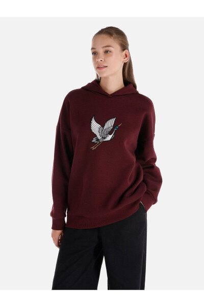 Bordo Kadın Kapüşonlu Sweatshirt - 1