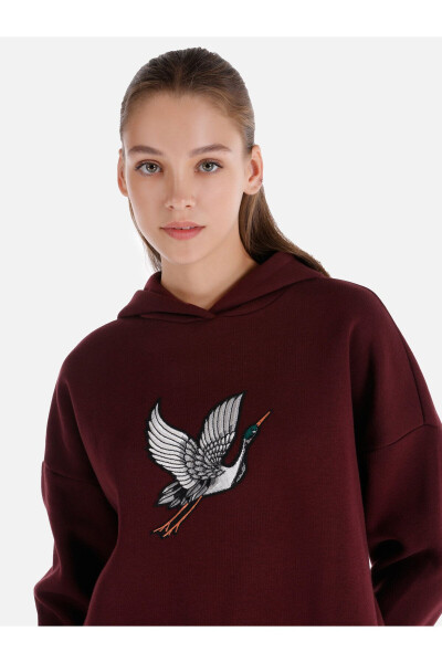 Bordo Kadın Kapüşonlu Sweatshirt - 4